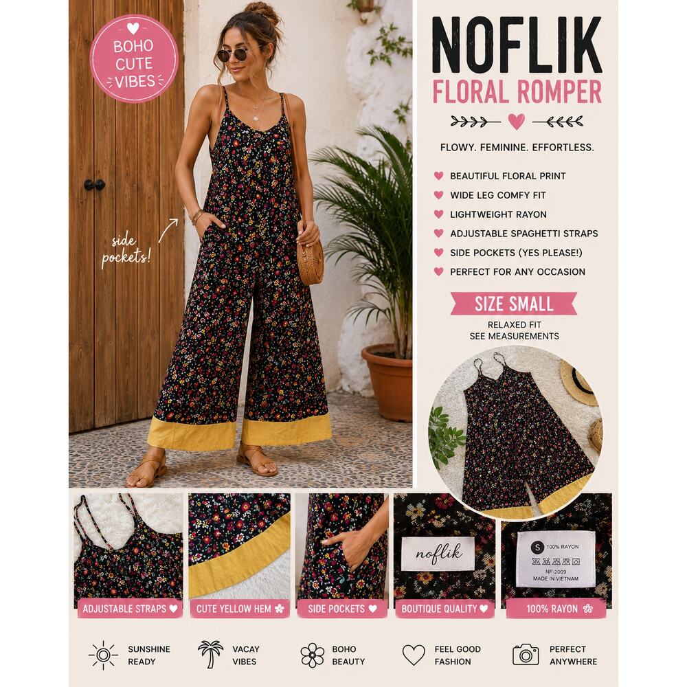 Noflik Black Floral Wide Leg Romper Jumpsuit Yellow Hem Small